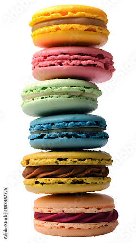 Collection of macaroons stacked diagonally isolated on transparent background photo