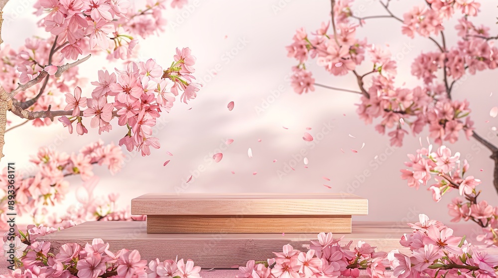 A modern rectangular wooden podium set against a soft pink background with delicate cherry blossoms. The setup is ideal for cosmetic or product displays, emphasizing elegance and ... See More A modern rectangular wooden podium set against a soft pink background with delicate cherry blossoms. The setup is ideal for cosmetic or product displays, emphasizing elegance and ... See More