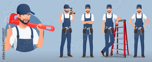 Handyman, Maintenance Engineer Character in Various Poses Vector illustration