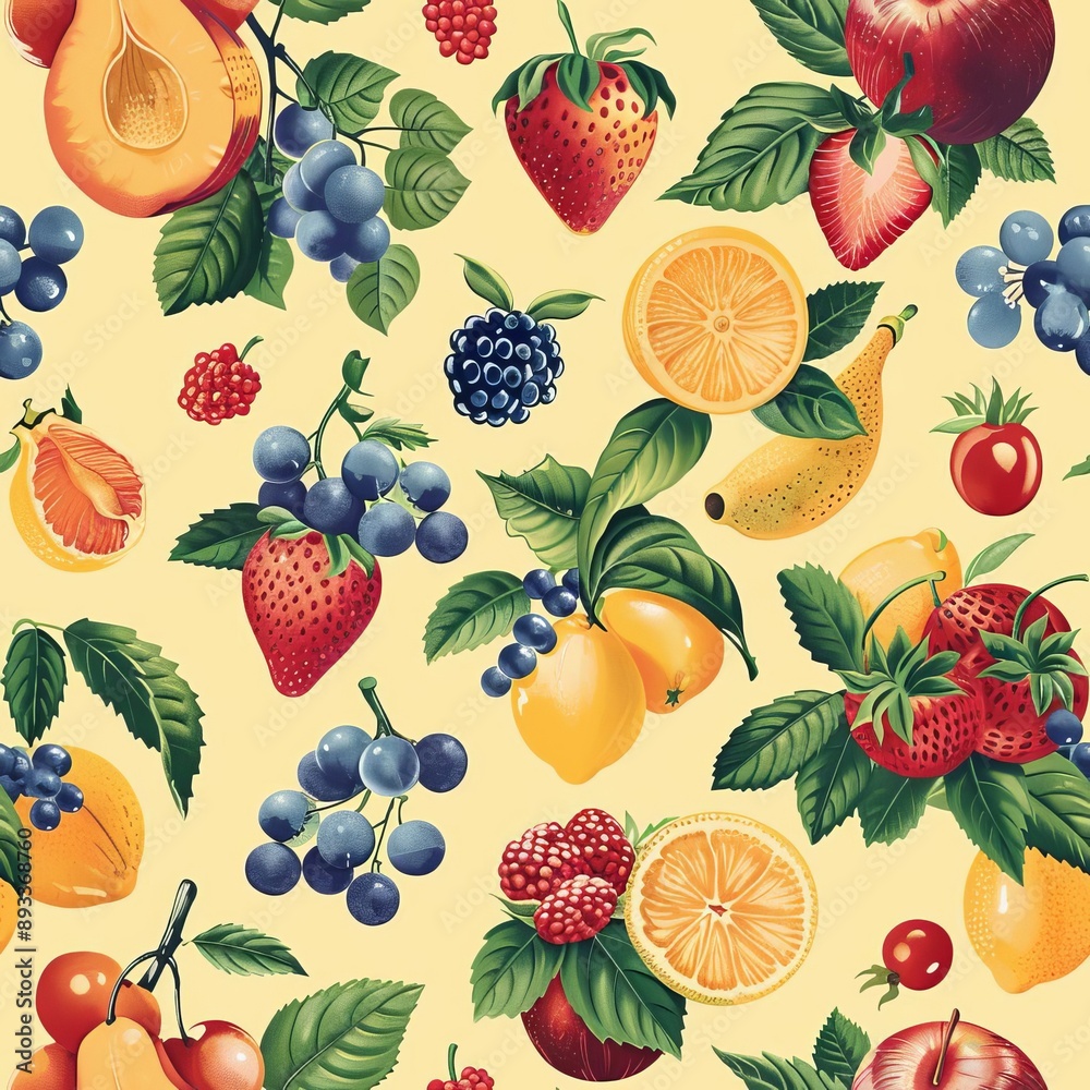 Limited seasonal fruits in a repeating pattern, pastel yellow background, vintage illustration, retro and charming Limited seasonal fruits in a repeating pattern, pastel yellow background, vintage illustration, retro and charming