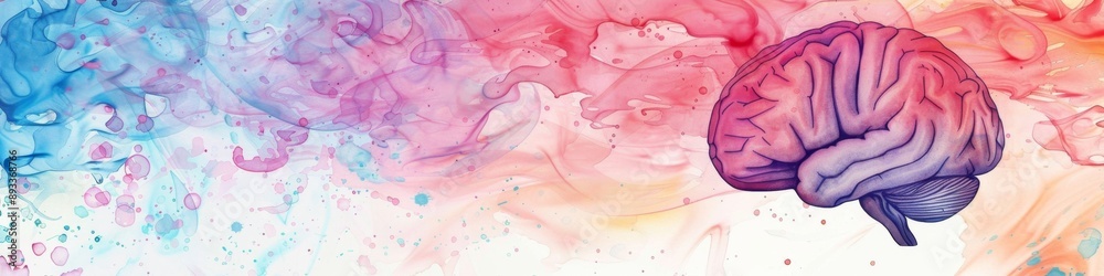 Obraz premium Abstract Colorful Watercolor Brain Splash: Creative Thinking Concept Illustration. Vibrant Imagination and Inspiration Visualization, Exploring Right Brain Development, Intelligence, and Memory. Perfe
