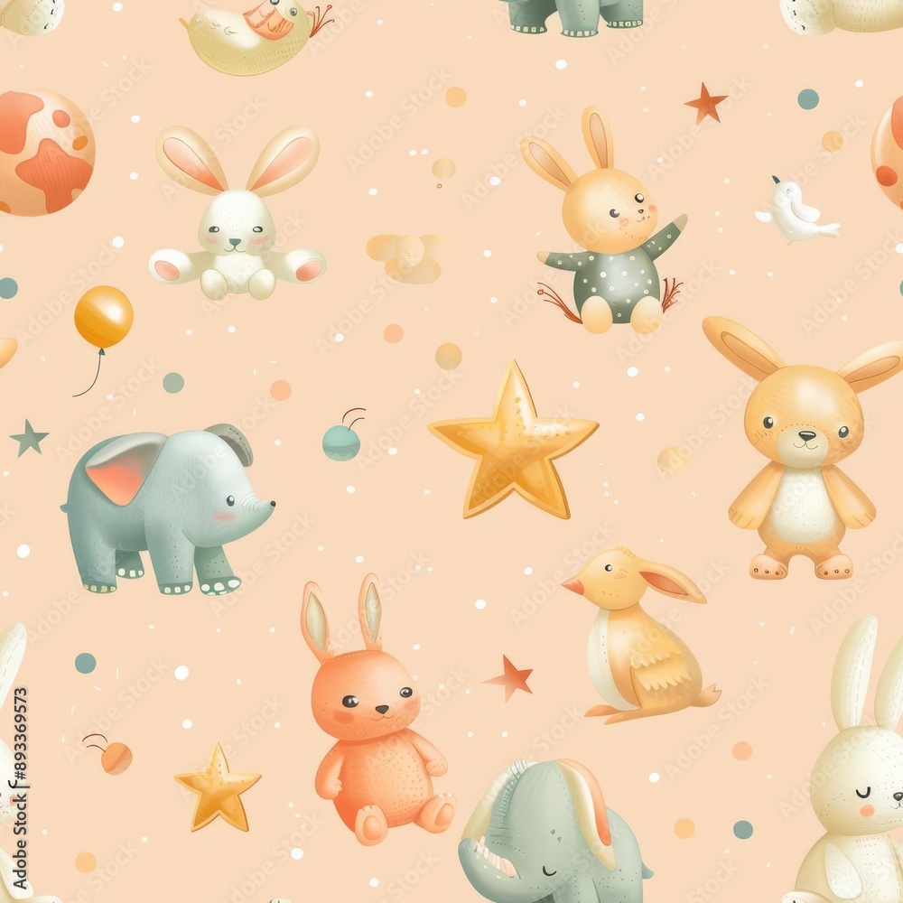 Limited toys in a scattered pattern, pastel peach background, fantasy style, whimsical and enchanting Limited toys in a scattered pattern, pastel peach background, fantasy style, whimsical and enchanting