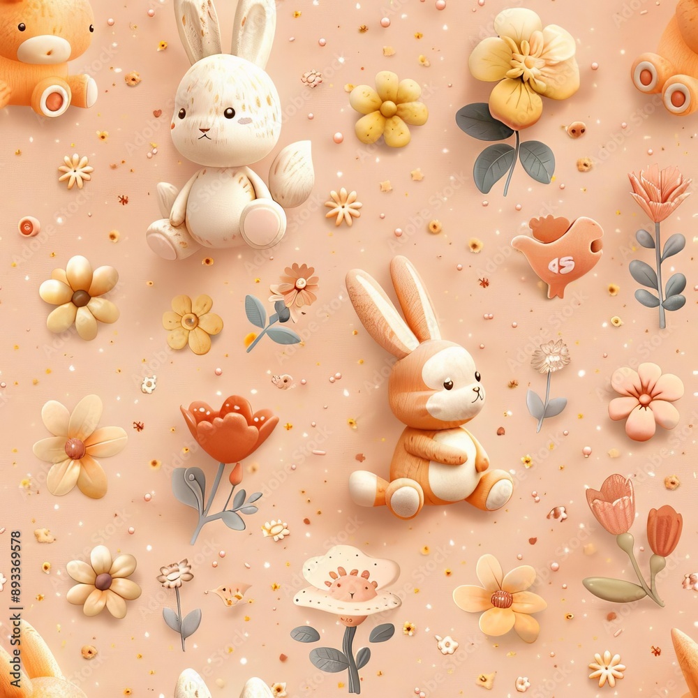 Limited toys in a scattered pattern, pastel peach background, fantasy style, whimsical and enchanting Limited toys in a scattered pattern, pastel peach background, fantasy style, whimsical and enchanting