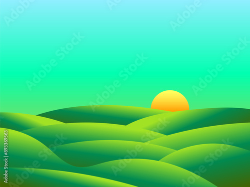 Gradient green meadows at dawn in a minimalist style. Panoramic natural landscape with green hills and the rising sun on the horizon. Design for covers, banners and posters. Vector illustration photo