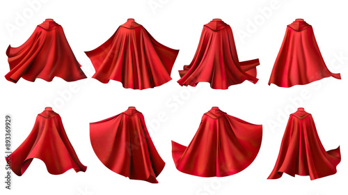 A set of red superhero capes shown from different angles. The realistic depiction highlights the flowing fabric and dynamic poses, ideal for themes related to heroes, costumes, and fantasy. photo