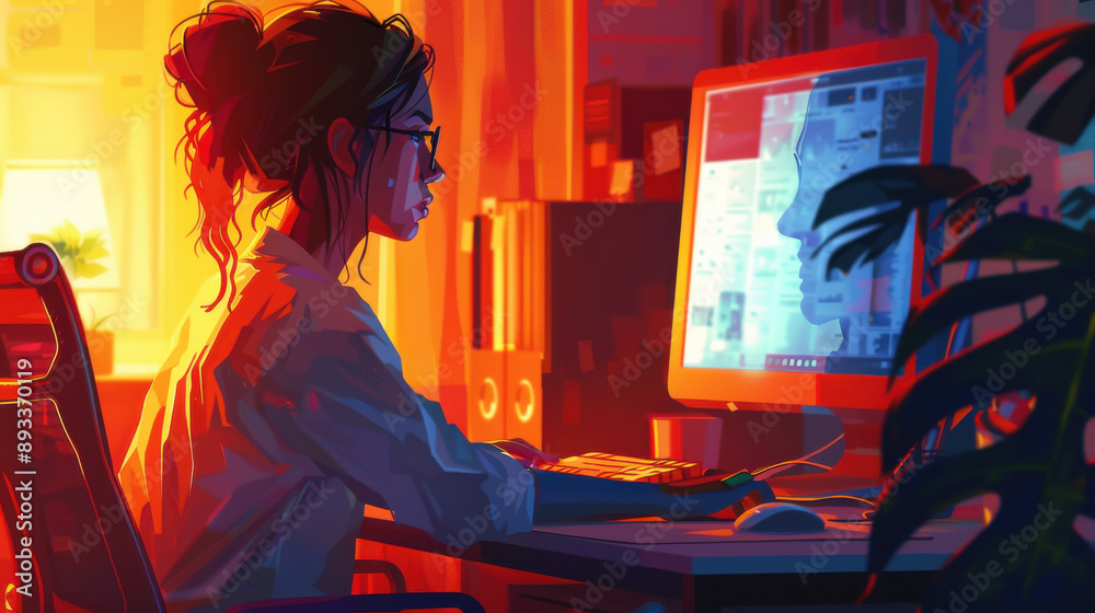 Obraz premium A professional woman upper body covered, typing in a beautifully backlit office, with plenty of room for text.