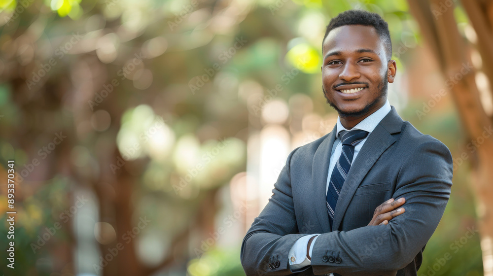 A recent graduate in a smart suit posing outside, smiling at the camera, with a blank area for copy on the left. A recent graduate in a smart suit posing outside, smiling at the camera, with a blank area for copy on the left.