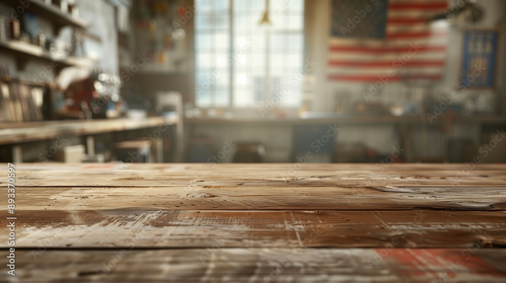 a clean table top showcasing working location, with a blurred background and a USA flag a clean table top showcasing working location, with a blurred background and a USA flag