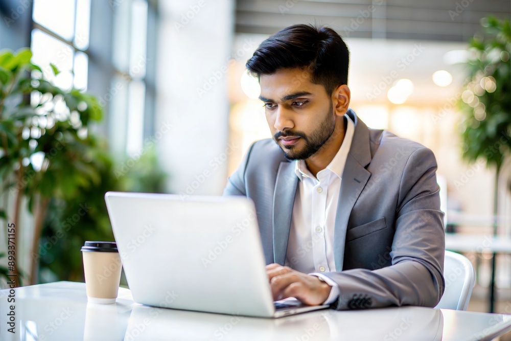 Focused Indian Businessman with Laptop, Working in a Contemporary Office Space
Focused Indian Businessman with Laptop, Working in a Contemporary Office Space