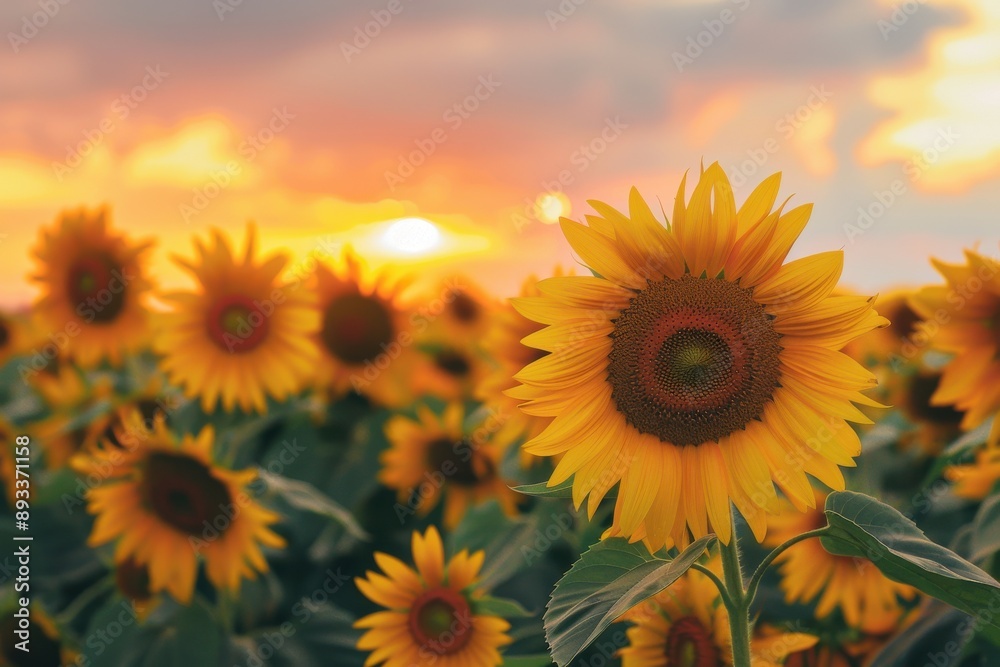 Obraz premium Golden blooms in sunflower field during sunset