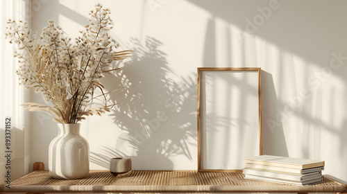 A mockup of an A4 frame on top of the table, boho interior design in a minimalistic style, with natural light