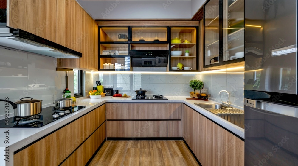 Fototapeta premium Modern kitchen with wooden cabinets, stylish lighting and contemporary design. Perfect for meal preparation and family gatherings. Compact and sleek design for a functional and chic home. AI