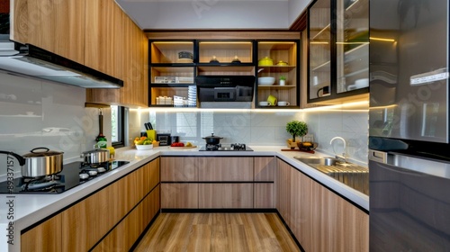 Modern kitchen with wooden cabinets, stylish lighting and contemporary design. Perfect for meal preparation and family gatherings. Compact and sleek design for a functional and chic home. AI