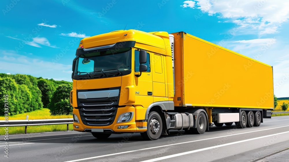 A yellow semi truck is driving down a road. The truck is large and has a trailer attached to it. The sky is blue and there are trees in the background A yellow semi truck is driving down a road. The truck is large and has a trailer attached to it. The sky is blue and there are trees in the background