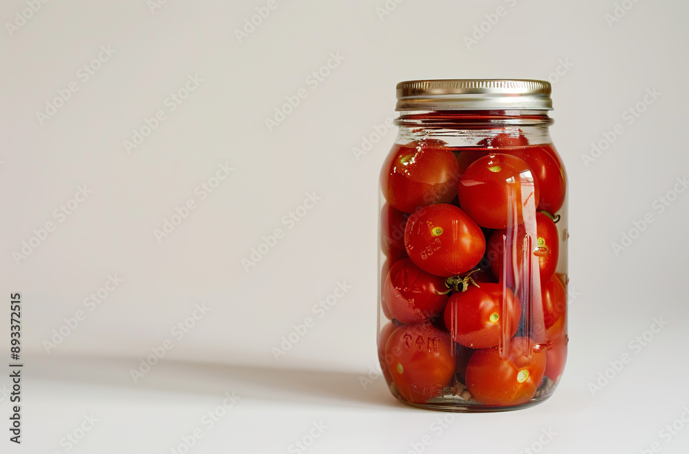 Glass Jar of Pickled Tomatoes on a White Table Glass Jar of Pickled Tomatoes on a White Table