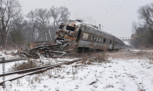 Catastrophic Convergence: Abstract Visualization of Natural Disasters and Train Derailment. Unpredictable Geological Hazards Collide with Transportation Mishaps, Illustrating the Fragility of Human In photo