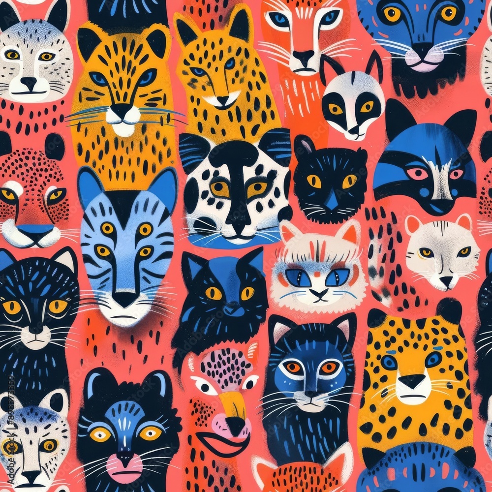 Sparse arrangement of animal faces in a scattered pattern, pastel coral backdrop, psychedelic style, vibrant and lively Sparse arrangement of animal faces in a scattered pattern, pastel coral backdrop, psychedelic style, vibrant and lively