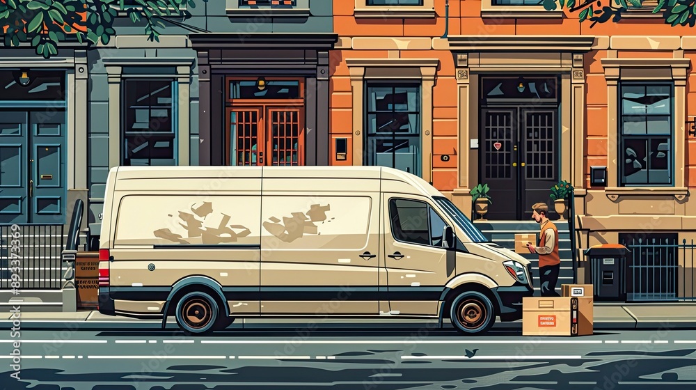 Obraz premium A delivery driver loading packages into a van, with a Labor Day celebration sticker on the vehicle door.