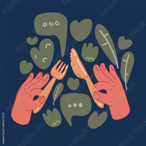 Cartoon vector illustration of knife and fork being held by hands over dark background.