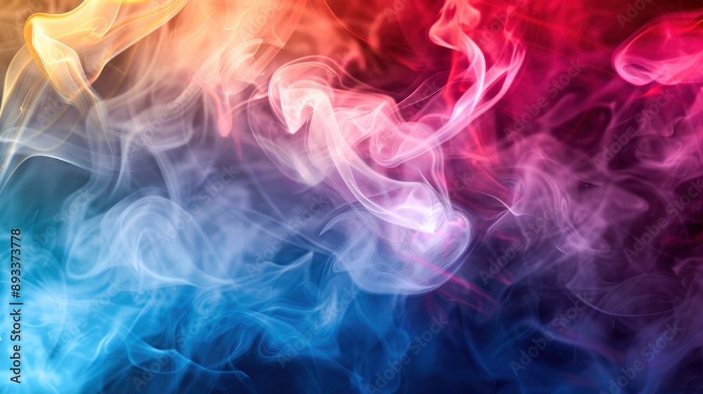 Whimsical smoke curls and dances in a dramatic display of vibrant colors against a dark background Whimsical smoke curls and dances in a dramatic display of vibrant colors against a dark background