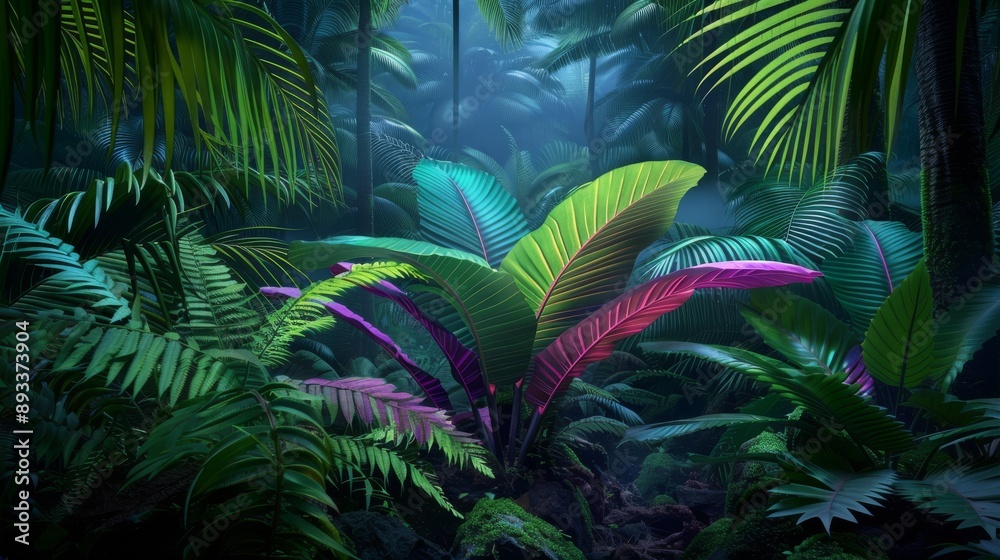 A dense jungle where plants and animals share a symbiotic relationship, resulting in bioluminescent flora and fauna. A dense jungle where plants and animals share a symbiotic relationship, resulting in bioluminescent flora and fauna.