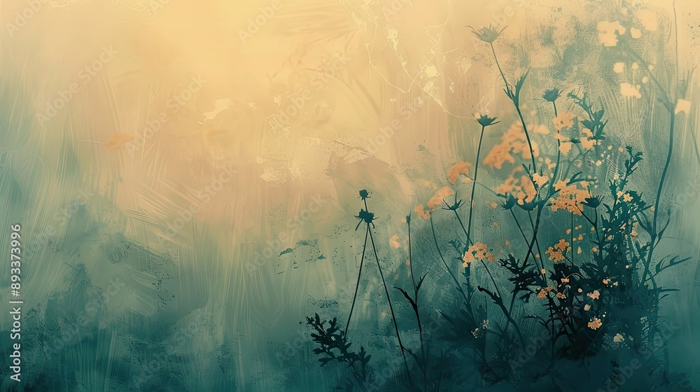 Background with gentle brush strokes in teal and warm beige and floral patterns Background with gentle brush strokes in teal and warm beige and floral patterns