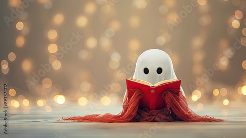 A ghost reads a red book while wrapped in a cozy orange scarf, with warm bokeh lights in the background. 3D Halloween cartoon photo