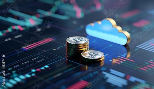 A digital background with clouds and coins, representing cloud-based financial services