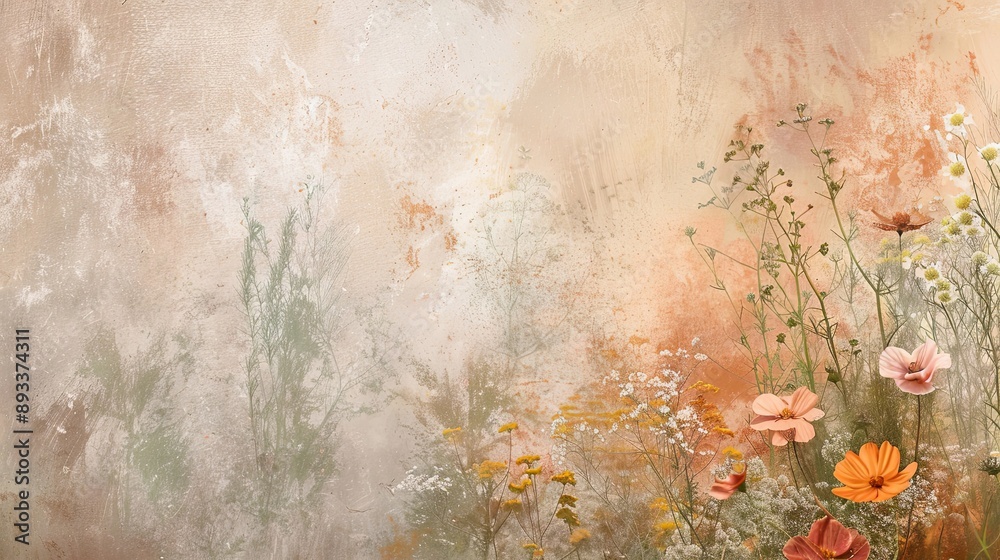 Sweeping brush strokes in terracotta and sage with wildflowers as background Sweeping brush strokes in terracotta and sage with wildflowers as background