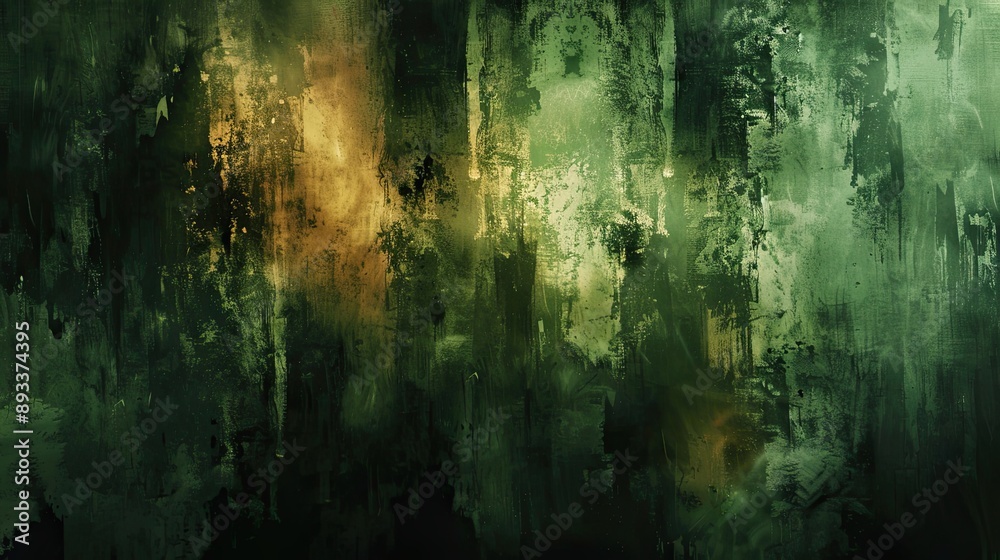 Fototapeta premium Fluid brush strokes in moss green and umber with tree bark background glowing mist