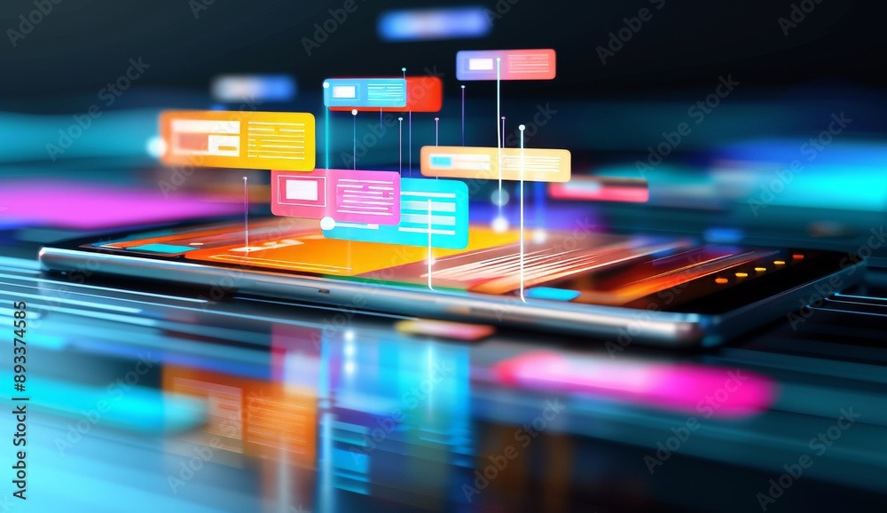 A digital illustration of an app on a mobile device with colorful web ...