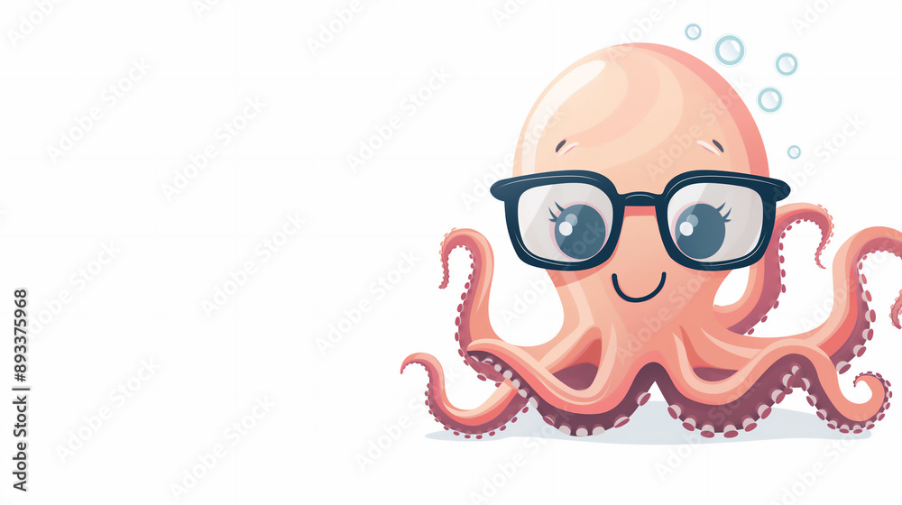 Joyful Cartoon Baby Octopus with Glasses on white Background. Flat Design Illustration. Banner with Copy Space. Joyful Cartoon Baby Octopus with Glasses on white Background. Flat Design Illustration. Banner with Copy Space.