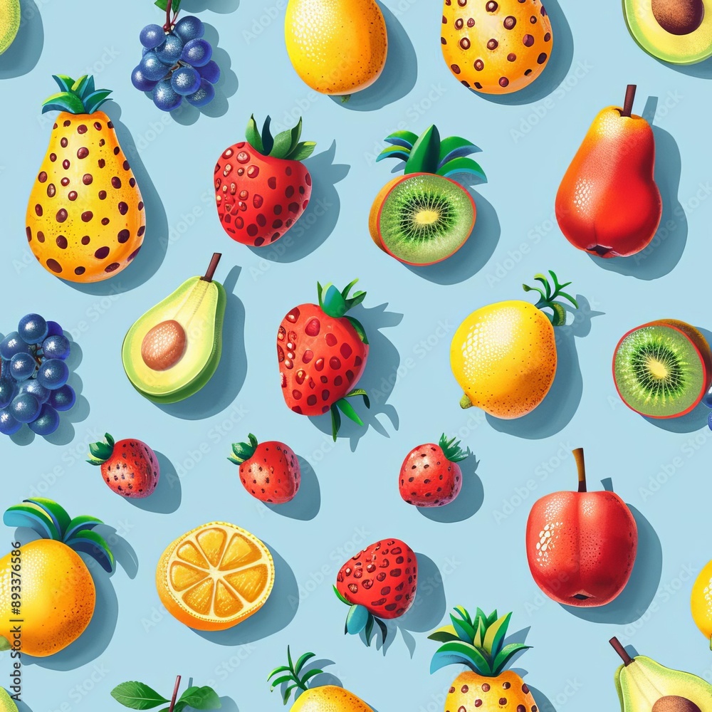 Sparse arrangement of fruits in a fun pattern, pastel blue background, pop art style, playful and bright, flat lay Sparse arrangement of fruits in a fun pattern, pastel blue background, pop art style, playful and bright, flat lay