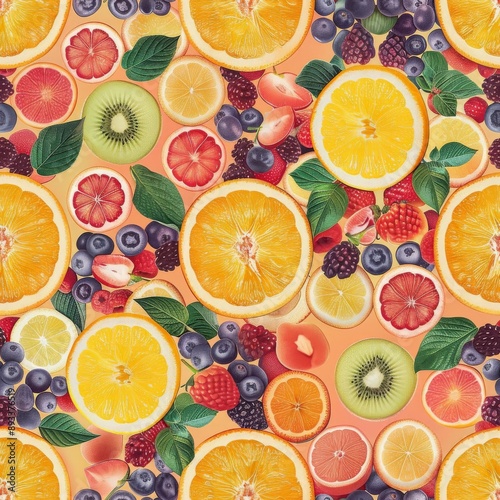 Sparse arrangement of fruits in a kaleidoscopic pattern, pastel coral backdrop, psychedelic style, vibrant and lively © KC.