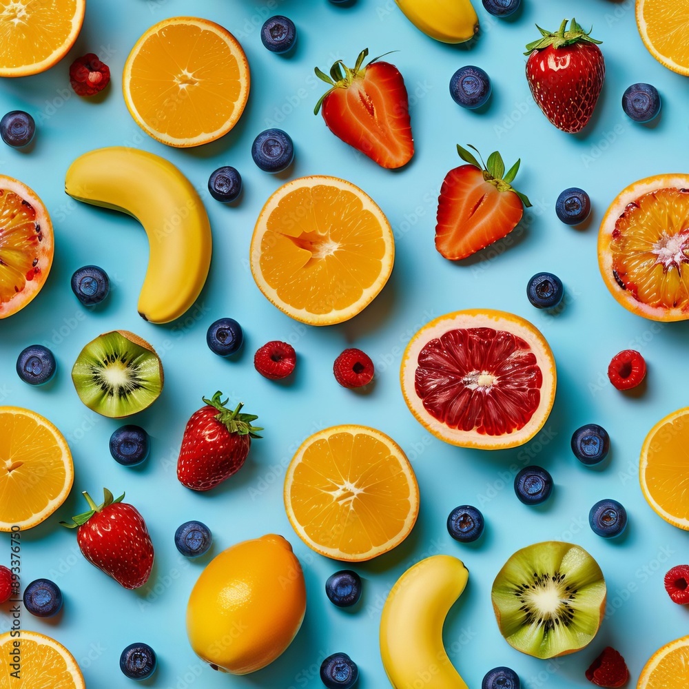 Sparse arrangement of fruits in a geometric pattern, pastel blue background, pop art style, playful and bright, flat lay Sparse arrangement of fruits in a geometric pattern, pastel blue background, pop art style, playful and bright, flat lay