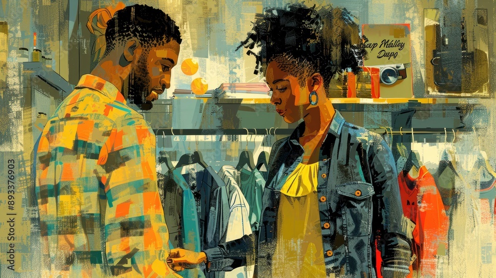 A retail worker helping a customer try on clothes, with a Happy Labor Day sign in the store. A retail worker helping a customer try on clothes, with a Happy Labor Day sign in the store.