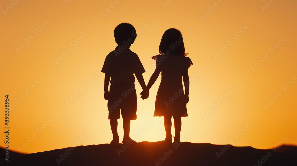 Beautiful silhouette of siblings standing hand in hand on a sandy dune. Beautiful silhouette of siblings standing hand in hand on a sandy dune.