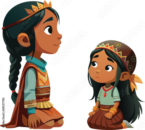 Young native american woman wearing traditional clothing gazing into the distance