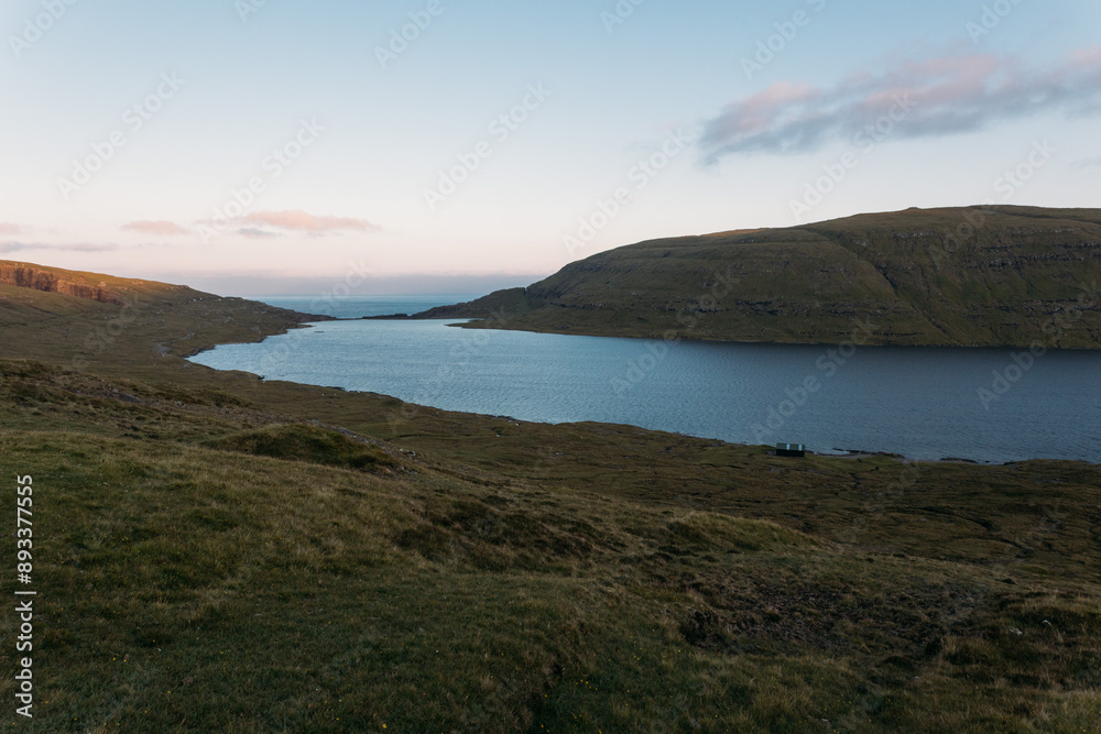 Fototapeta premium Faroe island beautiful landscape in summer time with sun