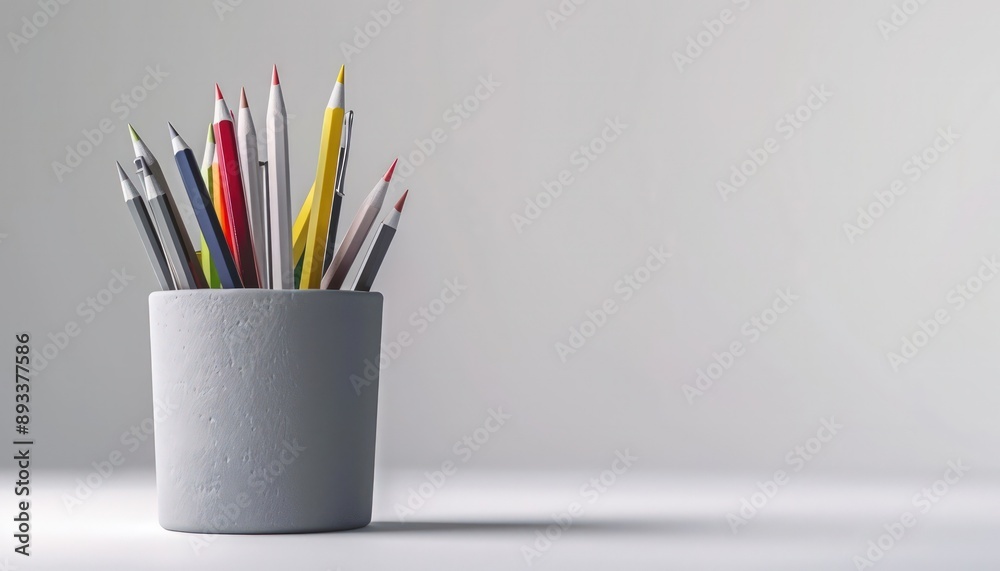 High-resolution photo of stationery in grey pencil pot, captured with professional studio lighting. High-resolution photo of stationery in grey pencil pot, captured with professional studio lighting.