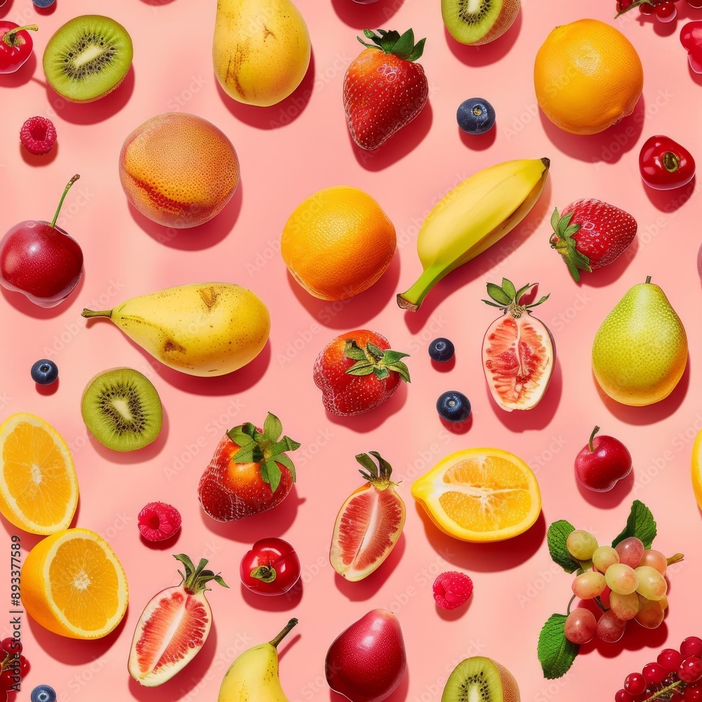 Sparse arrangement of fruits in a scattered pattern, pastel coral backdrop, psychedelic style, vibrant and lively Sparse arrangement of fruits in a scattered pattern, pastel coral backdrop, psychedelic style, vibrant and lively