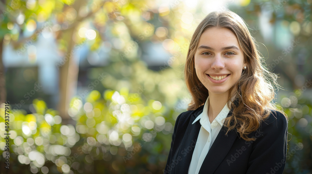 A young woman in a professional suit outdoors, smiling confidently at the camera, with space for text on the left. A young woman in a professional suit outdoors, smiling confidently at the camera, with space for text on the left.