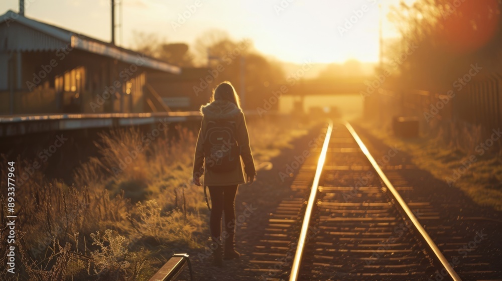 Person walks along railway tracks at sunset, reflecting during peaceful evening journey, sun setting over horizon. Person walks along railway tracks at sunset, reflecting during peaceful evening journey, sun setting over horizon.