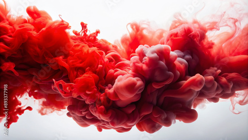 Vibrant red ink clouds billow and swirl against a pristine white background, evoking a sense of dynamic energy and creative expression.