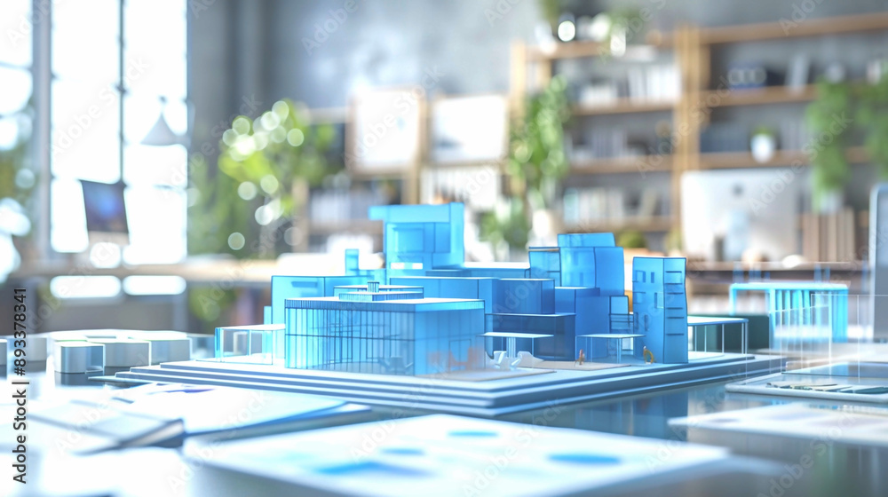 Futuristic blue 3d render model of a city houses or homes on a table in a real estate agency business office. Architecture building, residential property design, apartment housing concept Futuristic blue 3d render model of a city houses or homes on a table in a real estate agency business office. Architecture building, residential property design, apartment housing concept