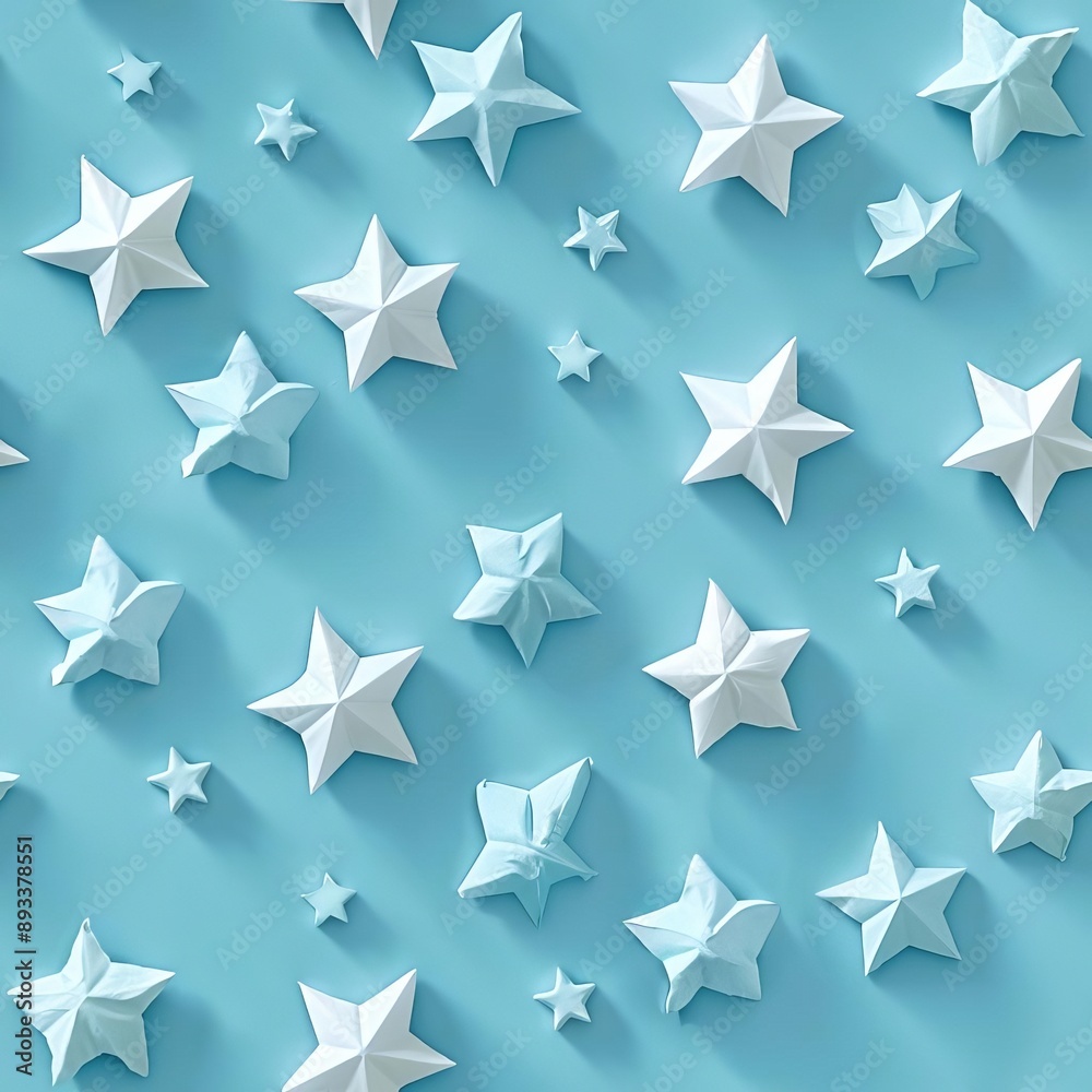 Sparse arrangement of stars in a geometric pattern, pastel blue background, pop art style, playful and bright, flat lay Sparse arrangement of stars in a geometric pattern, pastel blue background, pop art style, playful and bright, flat lay
