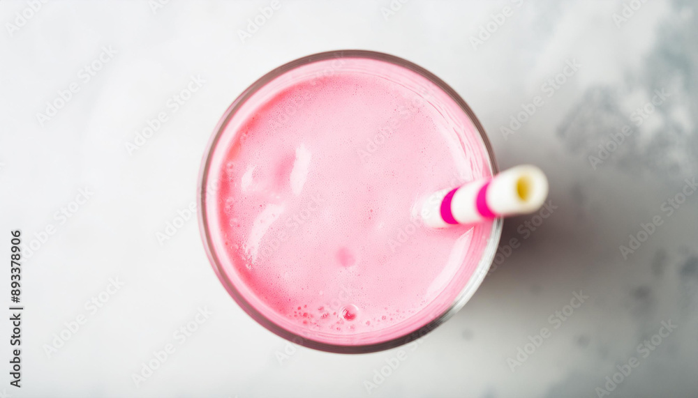 Pink smoothie on white stone table. Healthy, tasty beverage. Fruit milk shake. Organic detox drink