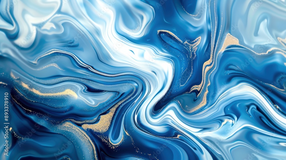 Liquid paints mix and swirl, creating an ethereal and hypnotic pattern of blues and golds Liquid paints mix and swirl, creating an ethereal and hypnotic pattern of blues and golds