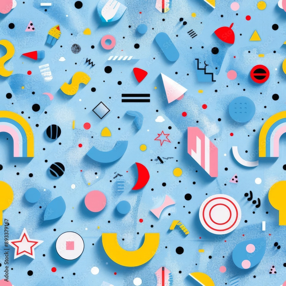 Sparse arrangement of symbols in a fun pattern, pastel blue background, pop art style, playful and bright, flat lay