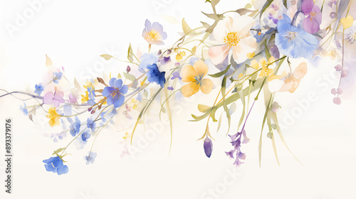 Elegant watercolor floral arrangement featuring a variety of soft pastel flowers creating a delicate and serene atmosphere with copy space text for botanical designs